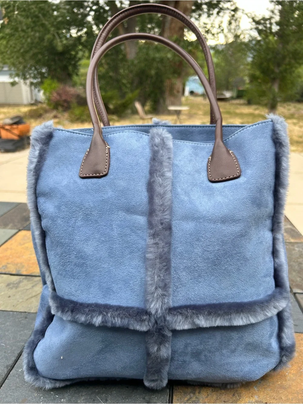 Blue Faux-Suede Tote Bag with Fur Trim Liz Clairborne
